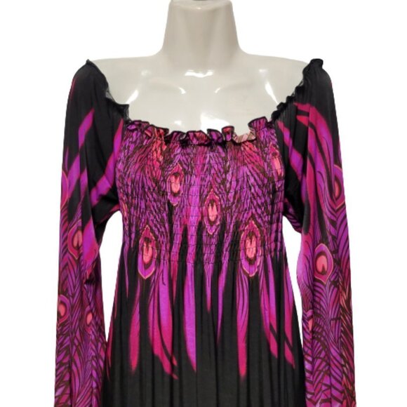 Long Sleeve Maxi Dress Peacok Motif Long Dress - One Size Fits Most- NEW ! - Picture 2 of 11